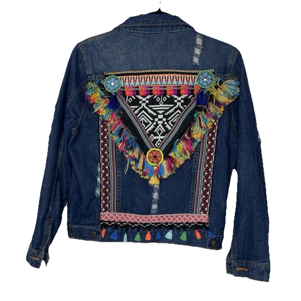 Boho Embroidered Tassel Denim Jacket Festival Tribal Fringe Jean Jacket Womens S